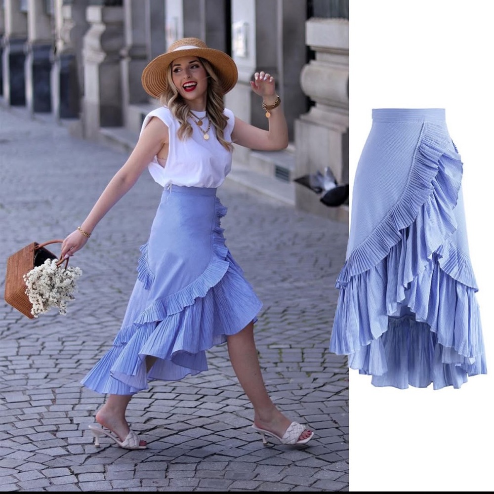 Chicwish Blue Asymmetrical Wrap Midi Skirt